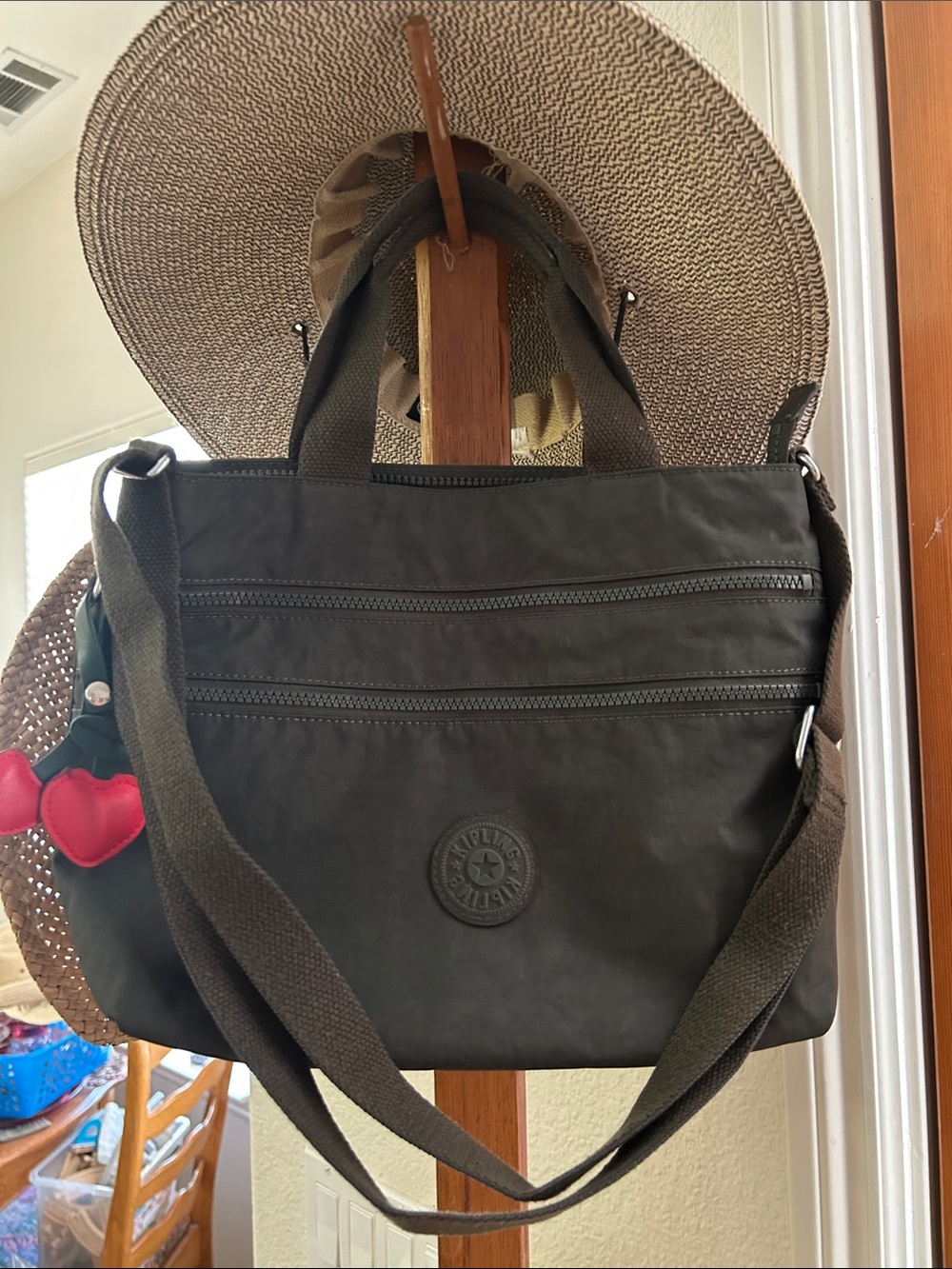 Kipling Dark Brown Nylon Shoulder Bag with Dual Zips VGUC